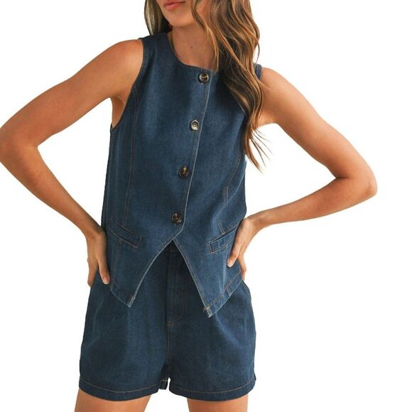 &Merci Denim Vest Blue Cotton Western Rodeo Button Front Size Medium - Picture 3 of 10